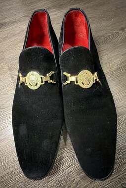 Sigotto Uomo Mens 44 US 11 Black Suede Medusa Gold Loafers Dress Shoes